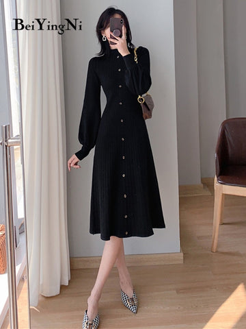 yipinpay 2023 Korean Fashion Women's Sweater Dress Buttons Autumn Knitwear Long Midi Dresses Female Winter Black Chic Vestidos
